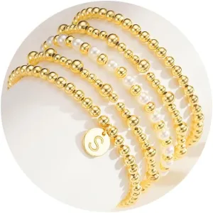 Gold Beaded Bracelet for Women Initial A-Z 18K Gold Plated Stack Pearl Beaded Bracelet Sets Stretch Bead Ball Bangle with Letter Jewelry Gifts
