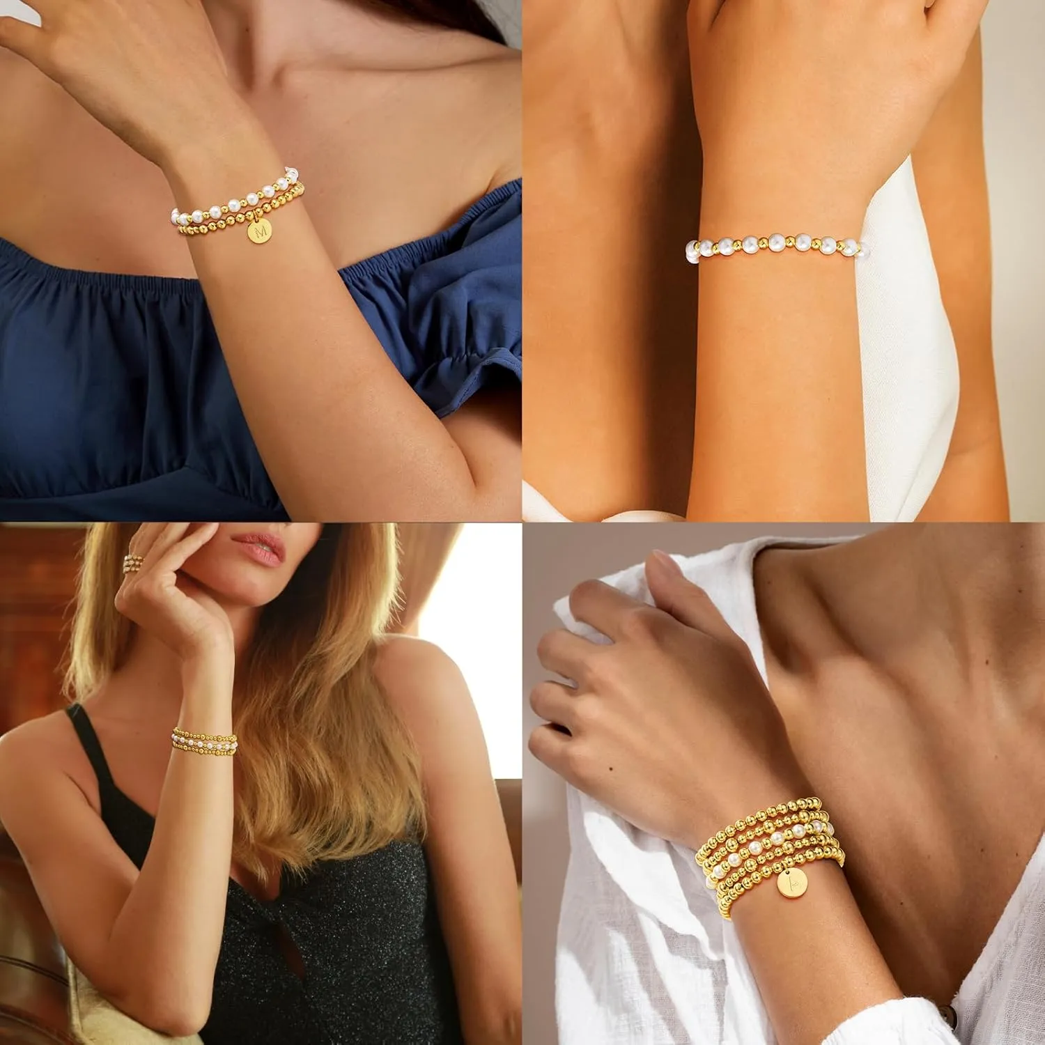 Gold Beaded Bracelet for Women Initial A-Z 18K Gold Plated Stack Pearl Beaded Bracelet Sets Stretch Bead Ball Bangle with Letter Jewelry Gifts