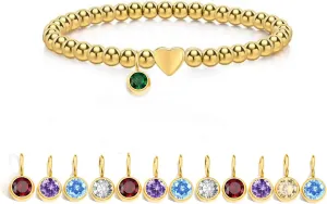 Gold Beaded Bracelets for Women Gold Heart Birthstone Bracelets Gold Beaded Bracelets Charm Every Month Shiny Finish Prom Jewellery for Women