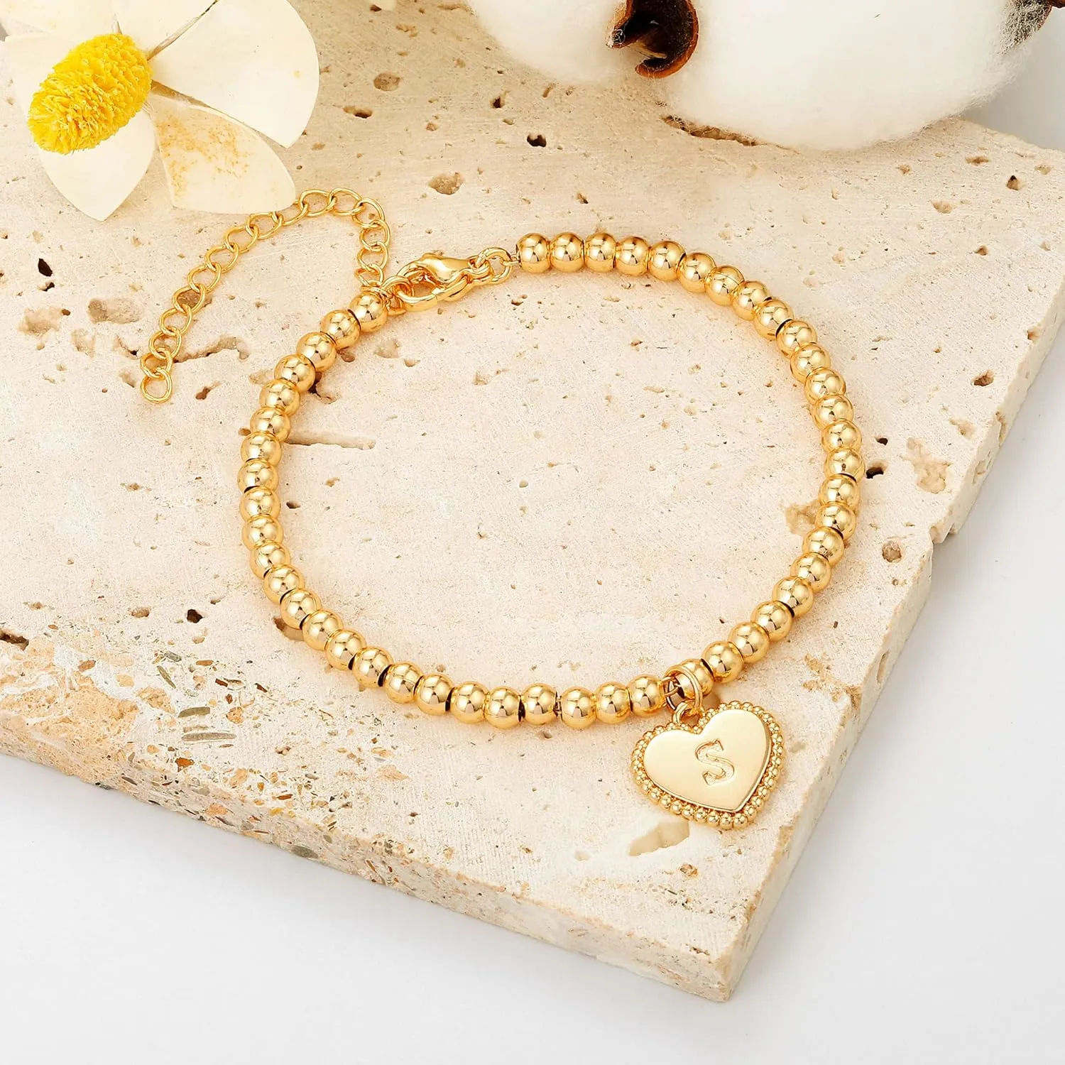 Gold Beaded Heart Initial Bracelets for Women 14K Gold Plated Bead Ball Bracelet Heart Charm Handmade Cute 4MM Round Beads Gold Chain Dainty Bracelet for Women