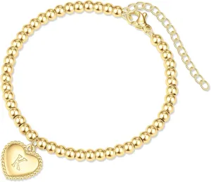 Gold Beaded Heart Initial Bracelets for Women 14K Gold Plated Bead Ball Bracelet Heart Charm Handmade Cute 4MM Round Beads Gold Chain Dainty Bracelet for Women