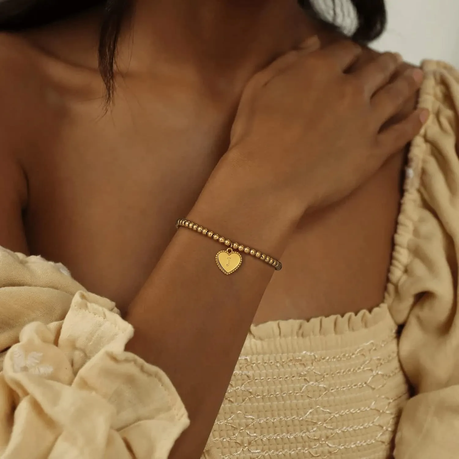 Gold Beaded Heart Initial Bracelets for Women 14K Gold Plated Bead Ball Bracelet Heart Charm Handmade Cute 4MM Round Beads Gold Chain Dainty Bracelet for Women