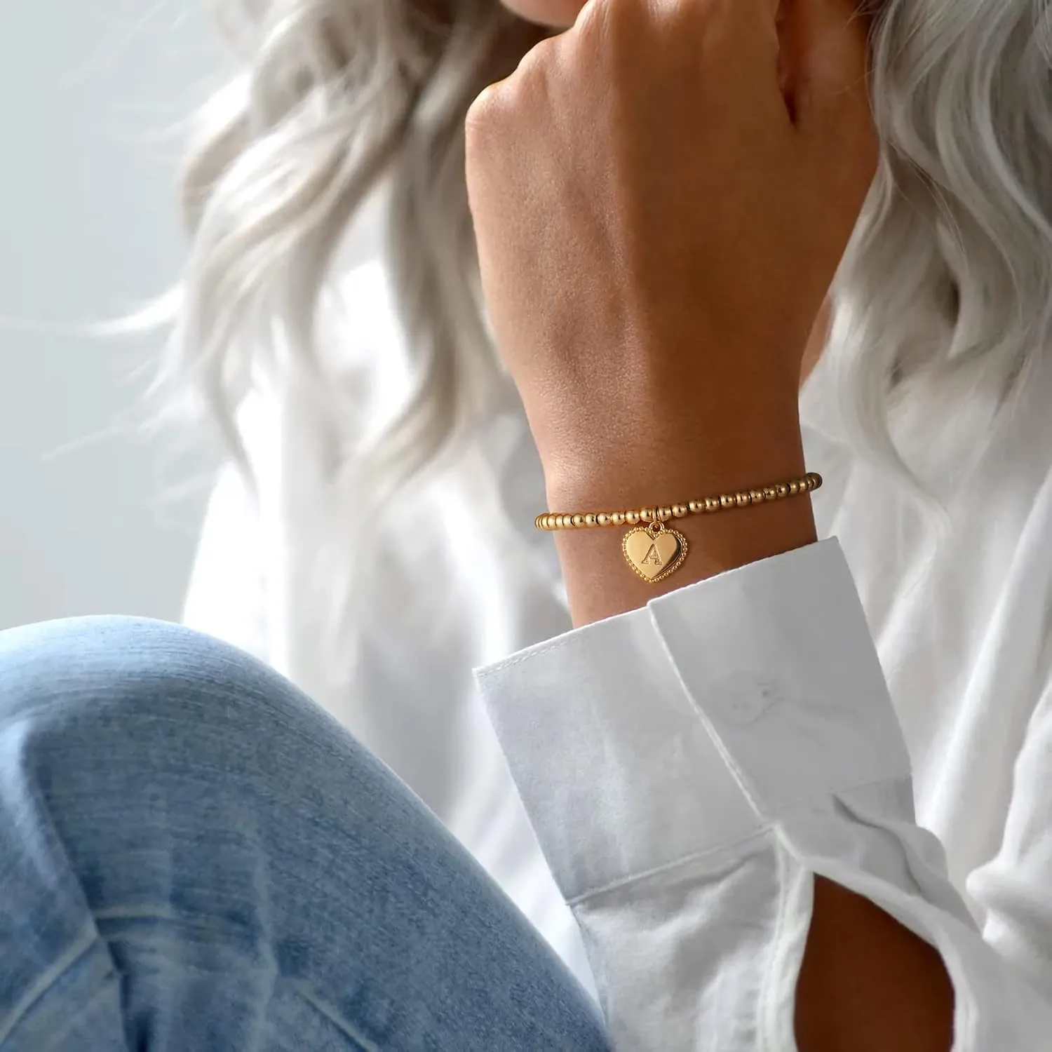 Gold Beaded Heart Initial Bracelets for Women 14K Gold Plated Bead Ball Bracelet Heart Charm Handmade Cute 4MM Round Beads Gold Chain Dainty Bracelet for Women