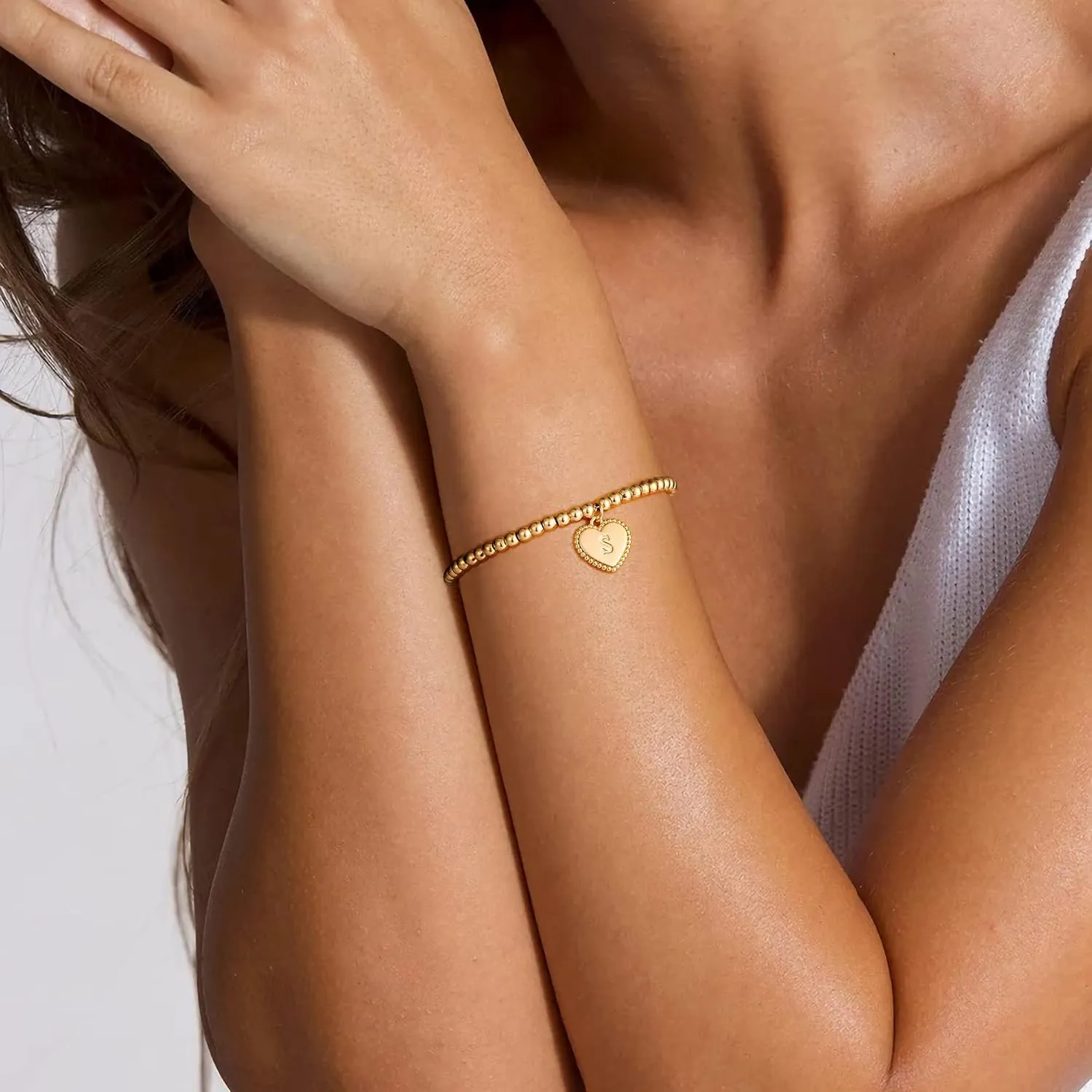 Gold Beaded Heart Initial Bracelets for Women 14K Gold Plated Bead Ball Bracelet Heart Charm Handmade Cute 4MM Round Beads Gold Chain Dainty Bracelet for Women