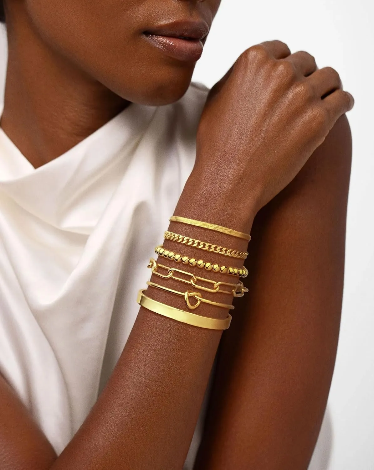 Gold Bracelets for Women, 14K Gold Plated Chunky Stackable Bracelet Set, Dainty Paperclip Chain Cuban Link Layered Non Tarnish Trendy Gold Bracelets Stack for Women