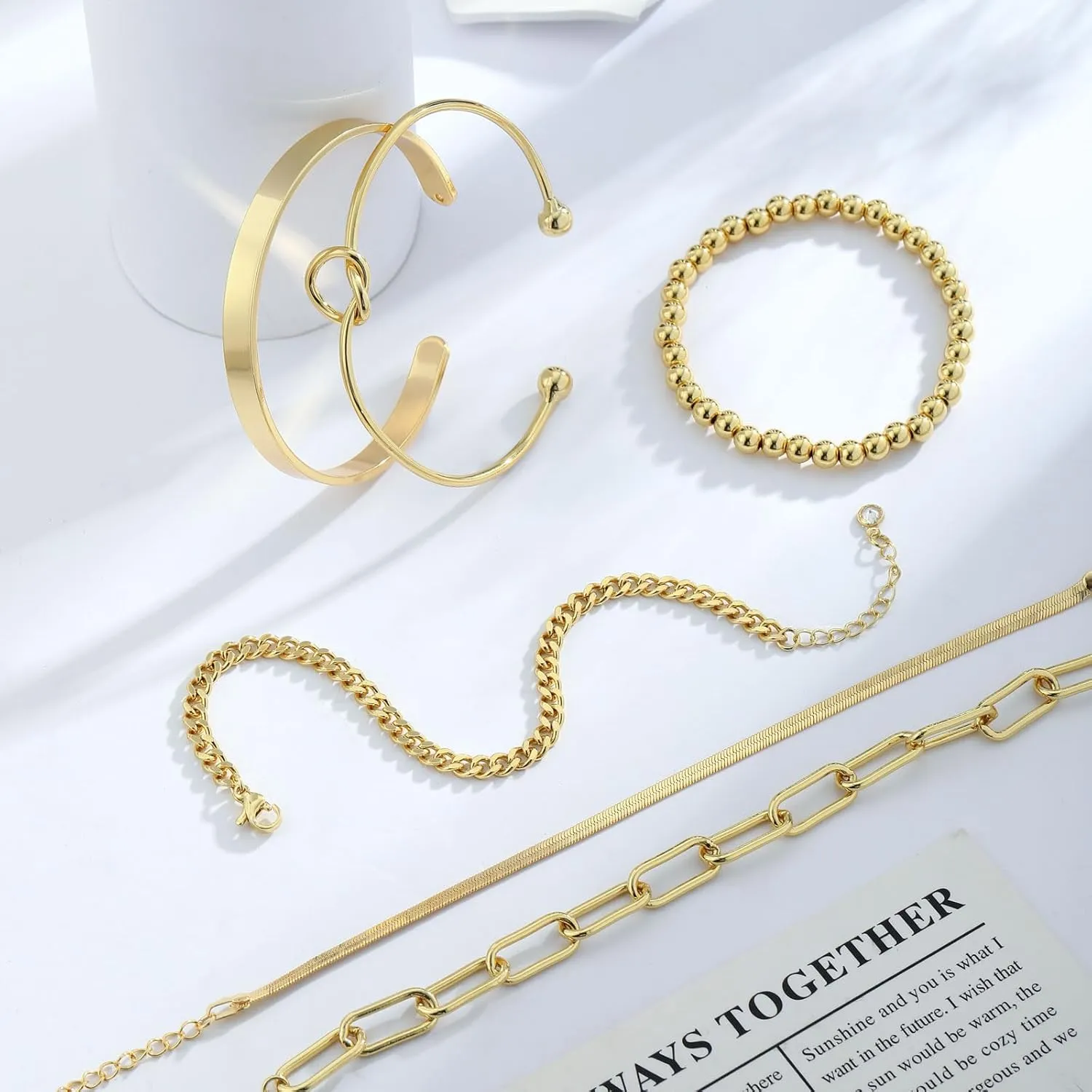 Gold Bracelets for Women, 14K Gold Plated Chunky Stackable Bracelet Set, Dainty Paperclip Chain Cuban Link Layered Non Tarnish Trendy Gold Bracelets Stack for Women