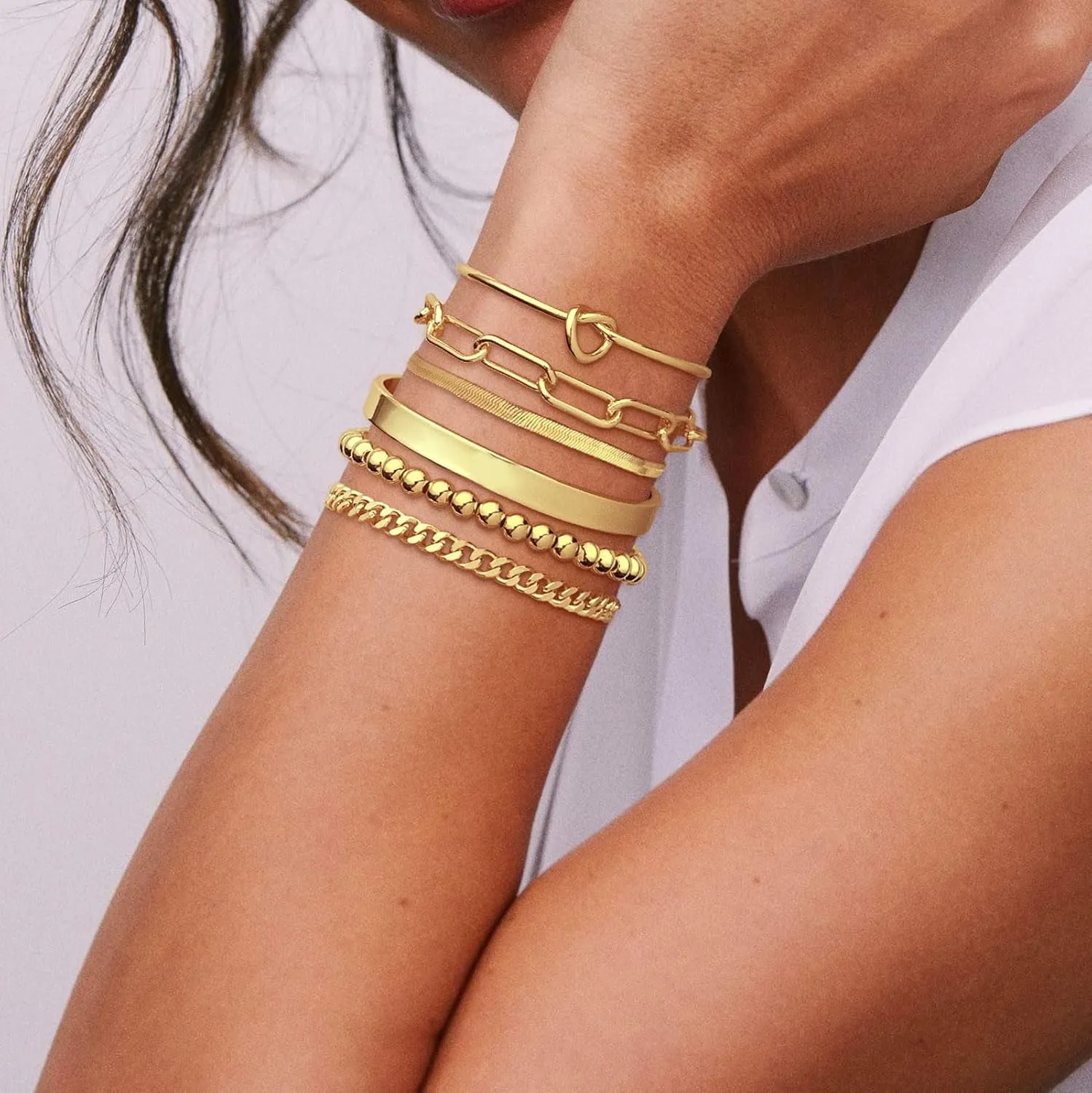 Gold Bracelets for Women, 14K Gold Plated Chunky Stackable Bracelet Set, Dainty Paperclip Chain Cuban Link Layered Non Tarnish Trendy Gold Bracelets Stack for Women