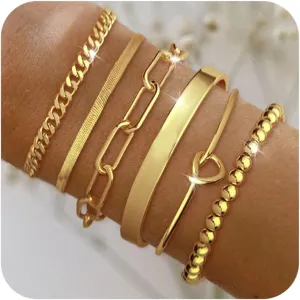 Gold Bracelets for Women, 14K Gold Plated Chunky Stackable Bracelet Set, Dainty Paperclip Chain Cuban Link Layered Non Tarnish Trendy Gold Bracelets Stack for Women