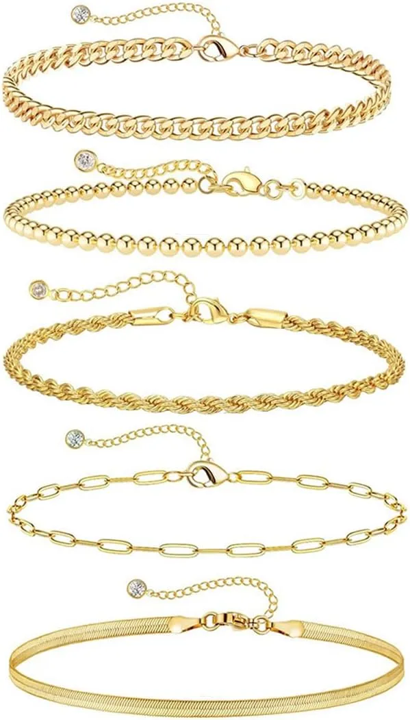 Gold Bracelets for Women, 14K Real Gold Plated Jewelry Sets Trendy Thin Dainty Stackable Adjustable Cuban Link Paperclip Chain Bracelet Pack Fashion Accessories Gifts for Stylish Women