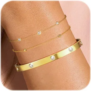 Gold Bracelets for Women Dainty 14K Gold Plated Bangle Cuff Stack Adjustable Stackable Bracelet Non Tarnish Trendy Set Tennis Chain Layered Waterproof Jewelry Gifts for Women