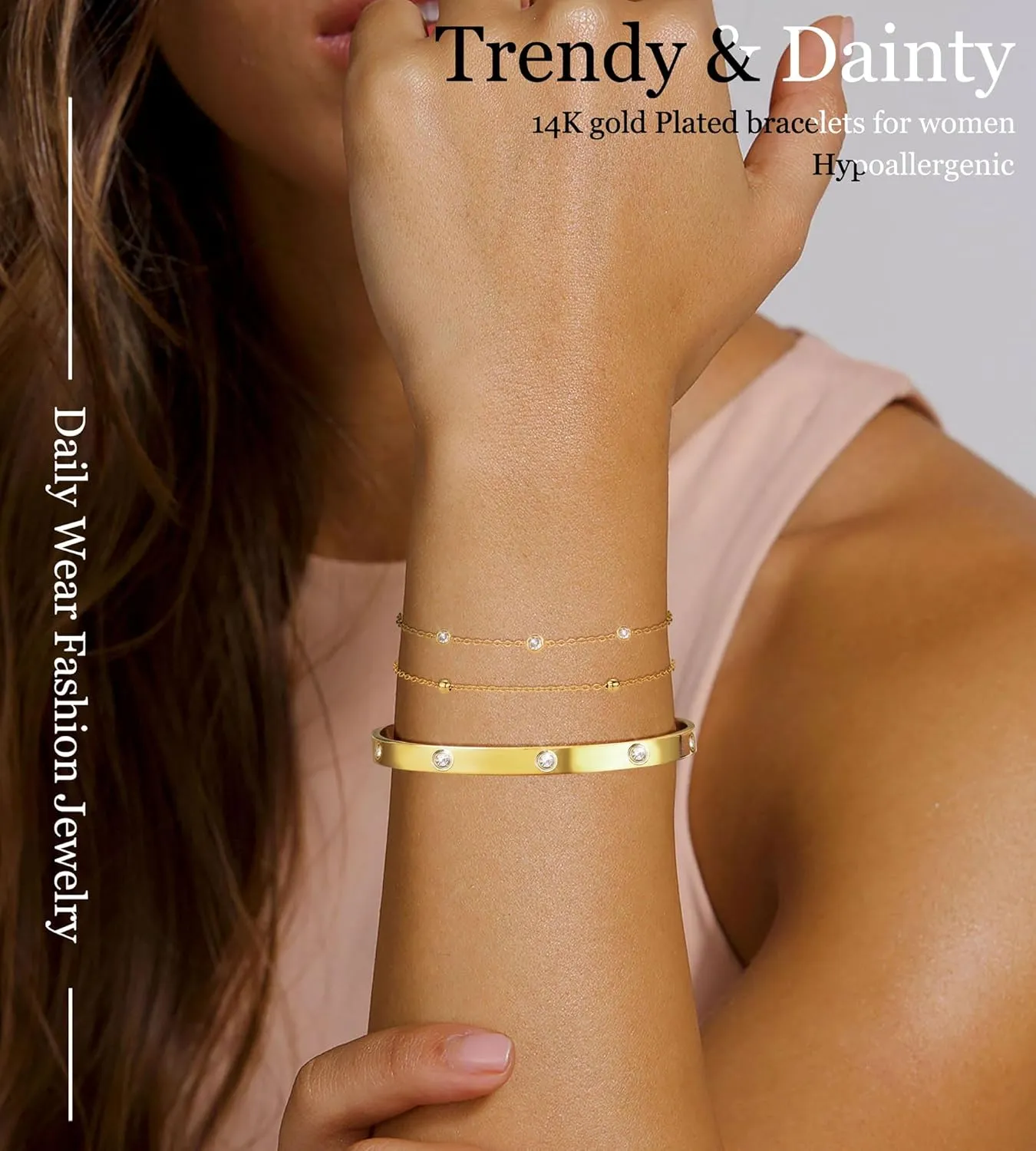 Gold Bracelets for Women Dainty 14K Gold Plated Bangle Cuff Stack Adjustable Stackable Bracelet Non Tarnish Trendy Set Tennis Chain Layered Waterproof Jewelry Gifts for Women
