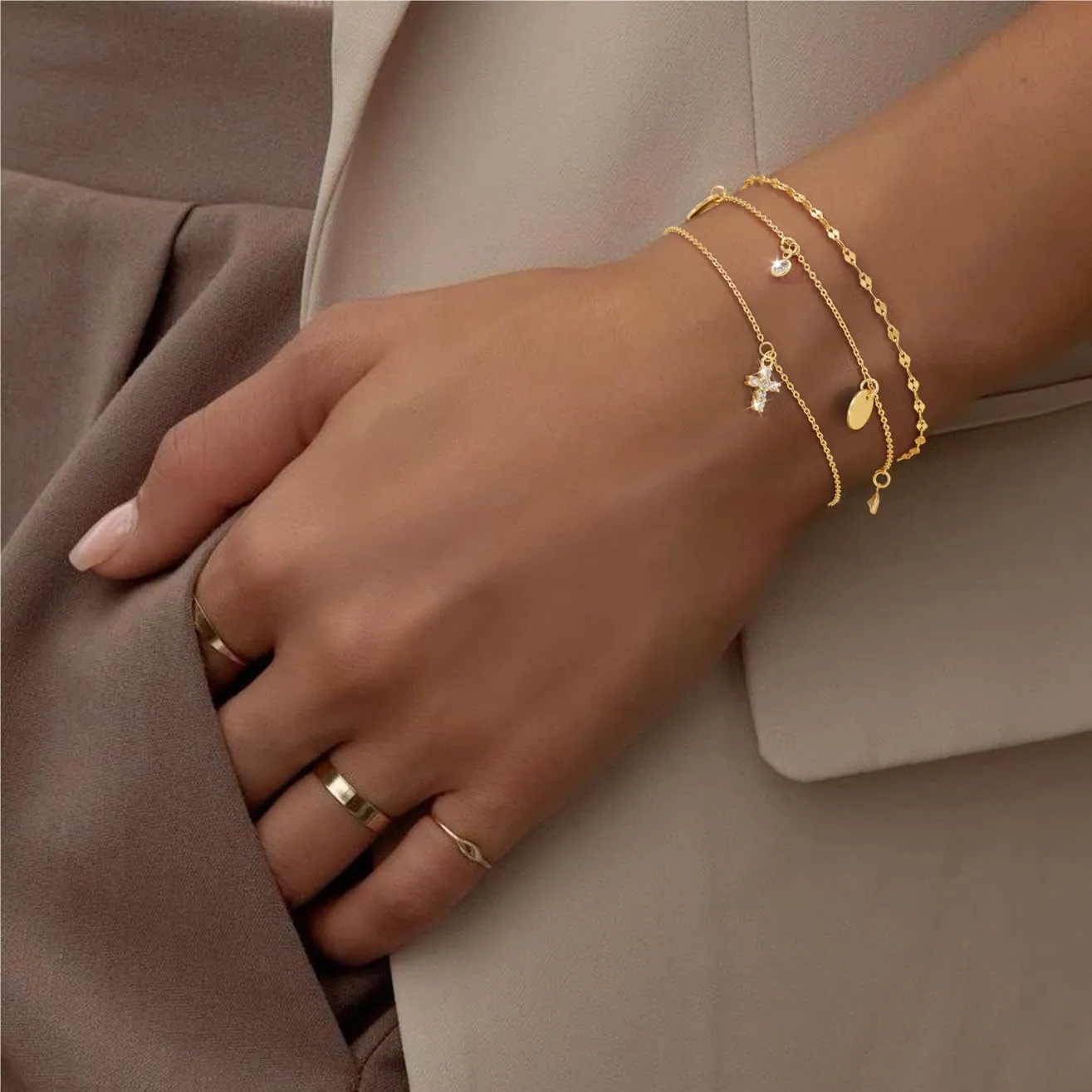 Gold Bracelets for Women,Dainty Gold Cross Bracelet 14K Gold Plated Beaded Bracelets for Women Trendy Bracelet Stack Pearl Bracelet Set Waterproof Chain Bracelet Gold Jewelry for Women Baptism Gifts