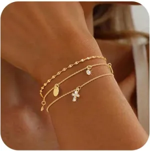 Gold Bracelets for Women,Dainty Gold Cross Bracelet 14K Gold Plated Beaded Bracelets for Women Trendy Bracelet Stack Pearl Bracelet Set Waterproof Chain Bracelet Gold Jewelry for Women Baptism Gifts
