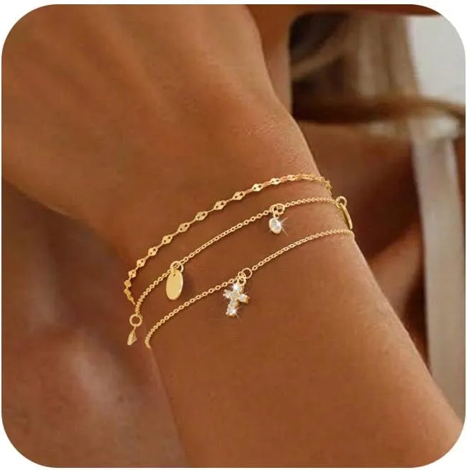 Gold Bracelets for Women,Dainty Gold Cross Bracelet 14K Gold Plated Beaded Bracelets for Women Trendy Bracelet Stack Pearl Bracelet Set Waterproof Chain Bracelet Gold Jewelry for Women Baptism Gifts