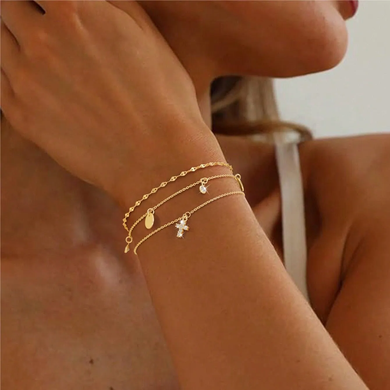 Gold Bracelets for Women,Dainty Gold Cross Bracelet 14K Gold Plated Beaded Bracelets for Women Trendy Bracelet Stack Pearl Bracelet Set Waterproof Chain Bracelet Gold Jewelry for Women Baptism Gifts
