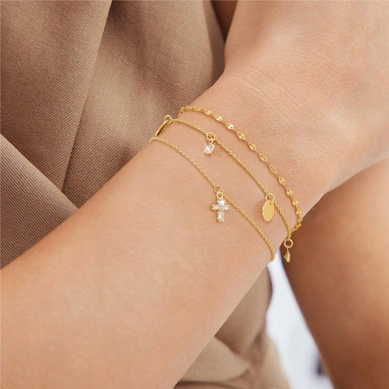 Gold Bracelets for Women,Dainty Gold Cross Bracelet 14K Gold Plated Beaded Bracelets for Women Trendy Bracelet Stack Pearl Bracelet Set Waterproof Chain Bracelet Gold Jewelry for Women Baptism Gifts