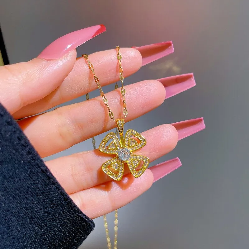 Gold Color Full Crystal Windmill Flower Pendant Necklace Temperament Gift For Women