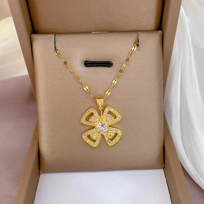 Gold Color Full Crystal Windmill Flower Pendant Necklace Temperament Gift For Women