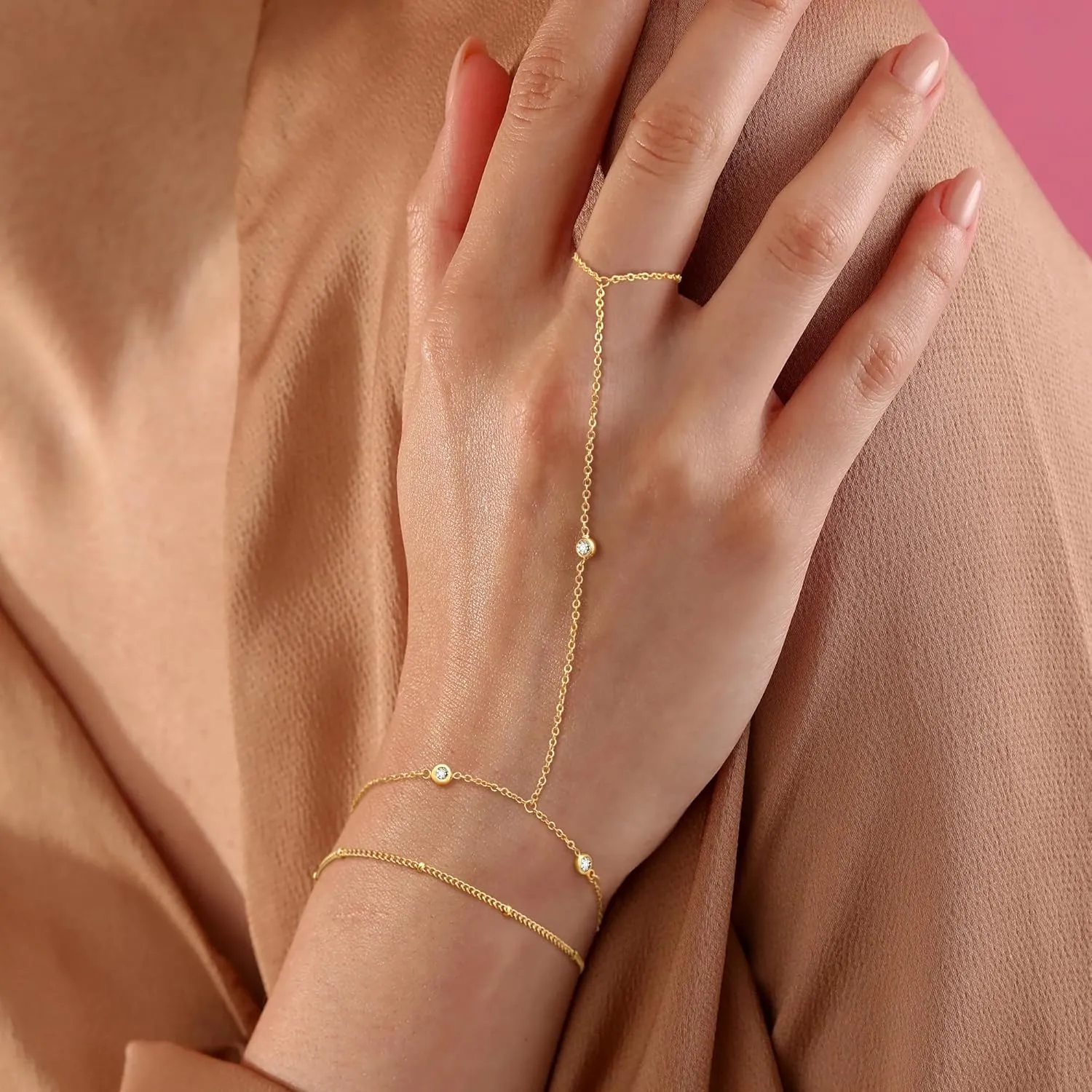 Gold Hand Chain Bracelets for Women Trendy, Dainty 2PCS Gold Ring Bracelet Hand Chain Finger Bracelets Layered Stackable Link Bracelets for Women Jewelry Gifts for Women