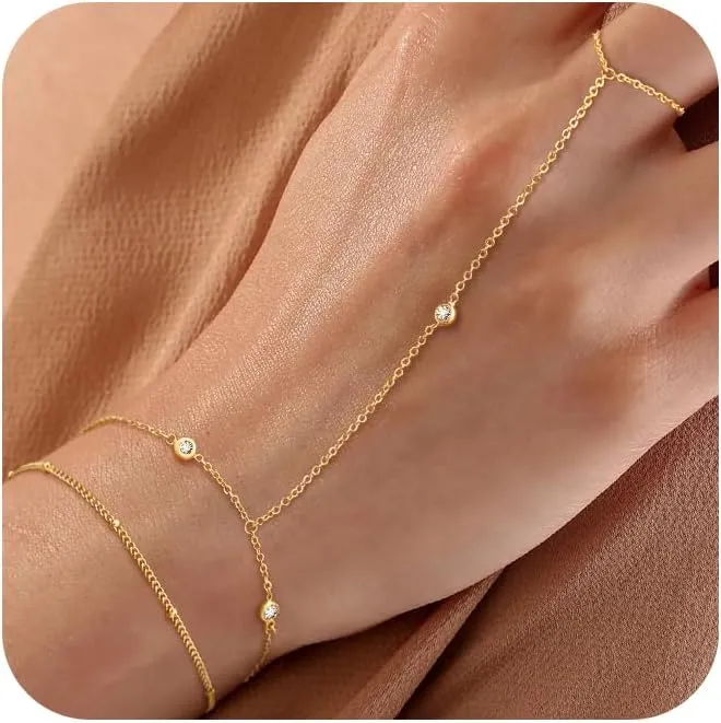Gold Hand Chain Bracelets for Women Trendy, Dainty 2PCS Gold Ring Bracelet Hand Chain Finger Bracelets Layered Stackable Link Bracelets for Women Jewelry Gifts for Women