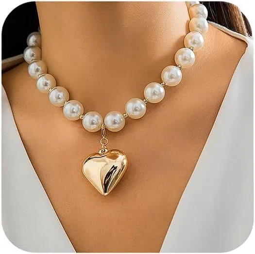 Gold Heart Necklace for Women Pearl Heart Necklace Chunky Heart Necklace Pearl Necklaces Love Heart Choker Necklaces Y2k Necklace Trendy Jewelry Accessories