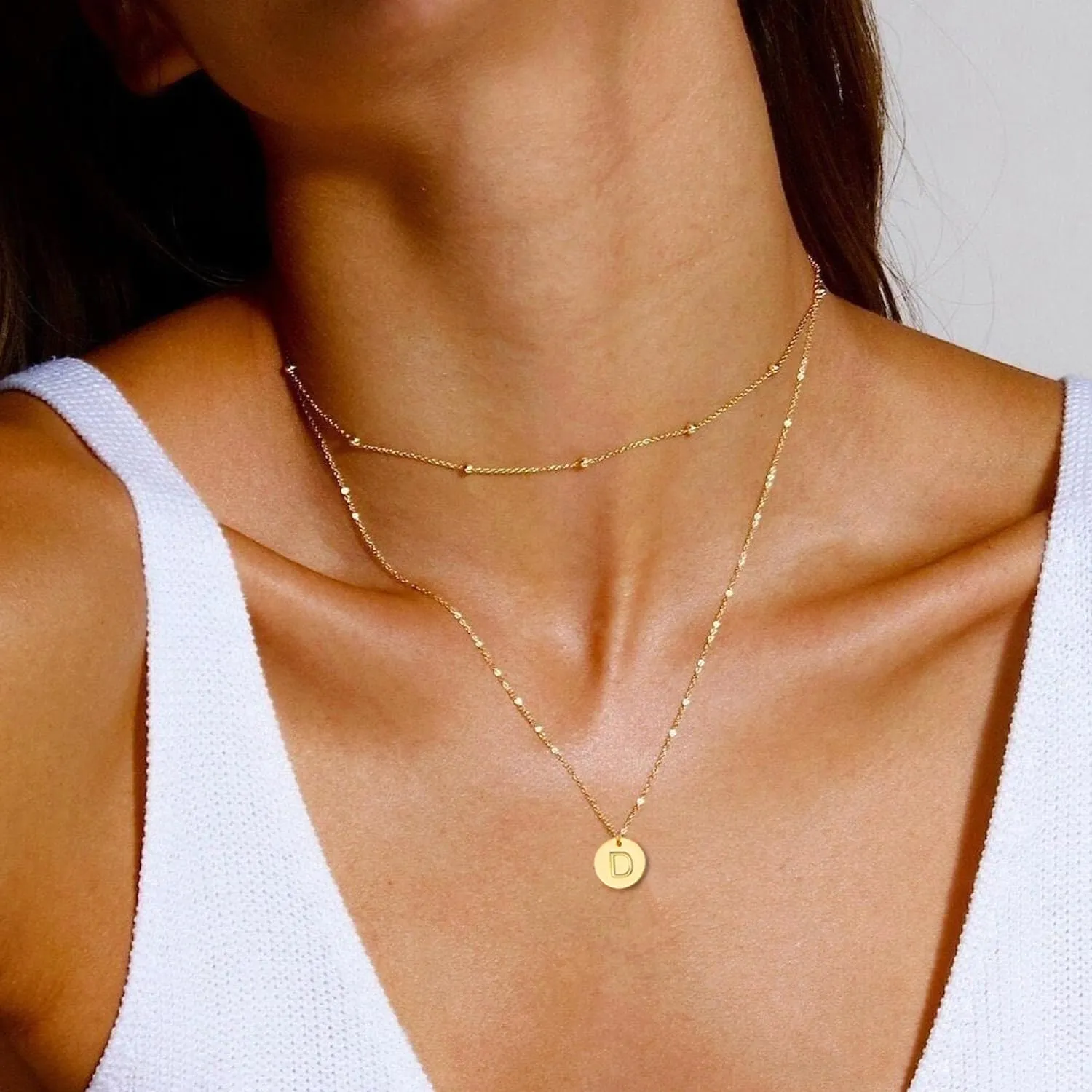 Gold Initial Necklaces for Women Layered Dainty Letter Coin Necklace for Teen Girls Trendy 14k Gold Plated Choker Name Pendant Cute Simple Stacking Charm Chain Jewelry Gift
