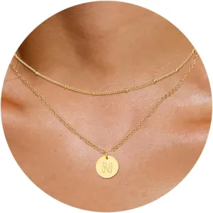 Gold Initial Necklaces for Women Layered Dainty Letter Coin Necklace for Teen Girls Trendy 14k Gold Plated Choker Name Pendant Cute Simple Stacking Charm Chain Jewelry Gift