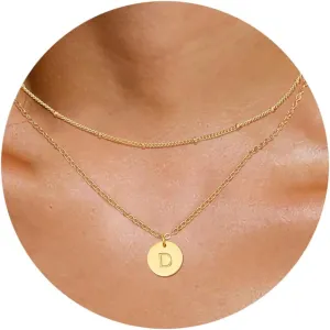 Gold Initial Necklaces for Women Layered Dainty Letter Coin Necklace for Teen Girls Trendy 14k Gold Plated Choker Name Pendant Cute Simple Stacking Charm Chain Jewelry Gift