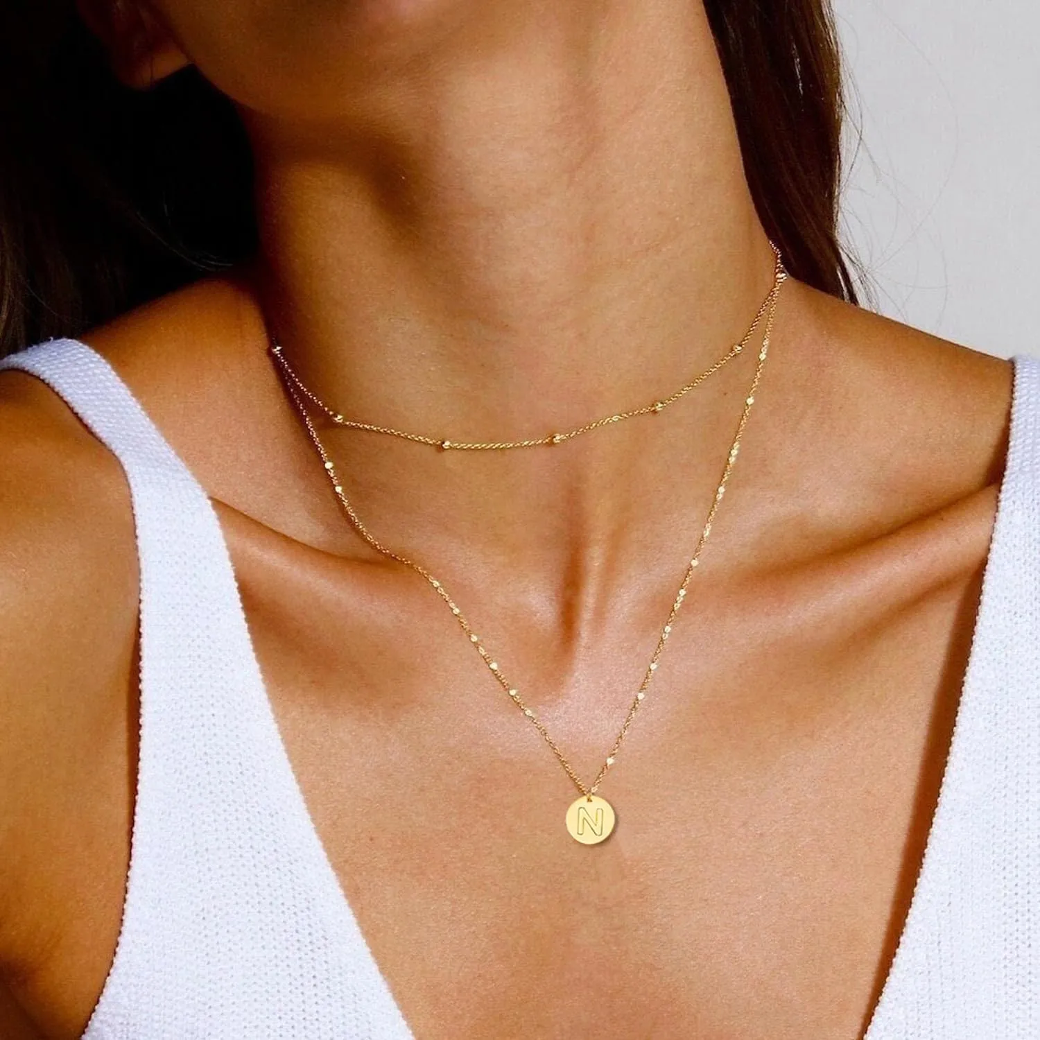 Gold Initial Necklaces for Women Layered Dainty Letter Coin Necklace for Teen Girls Trendy 14k Gold Plated Choker Name Pendant Cute Simple Stacking Charm Chain Jewelry Gift