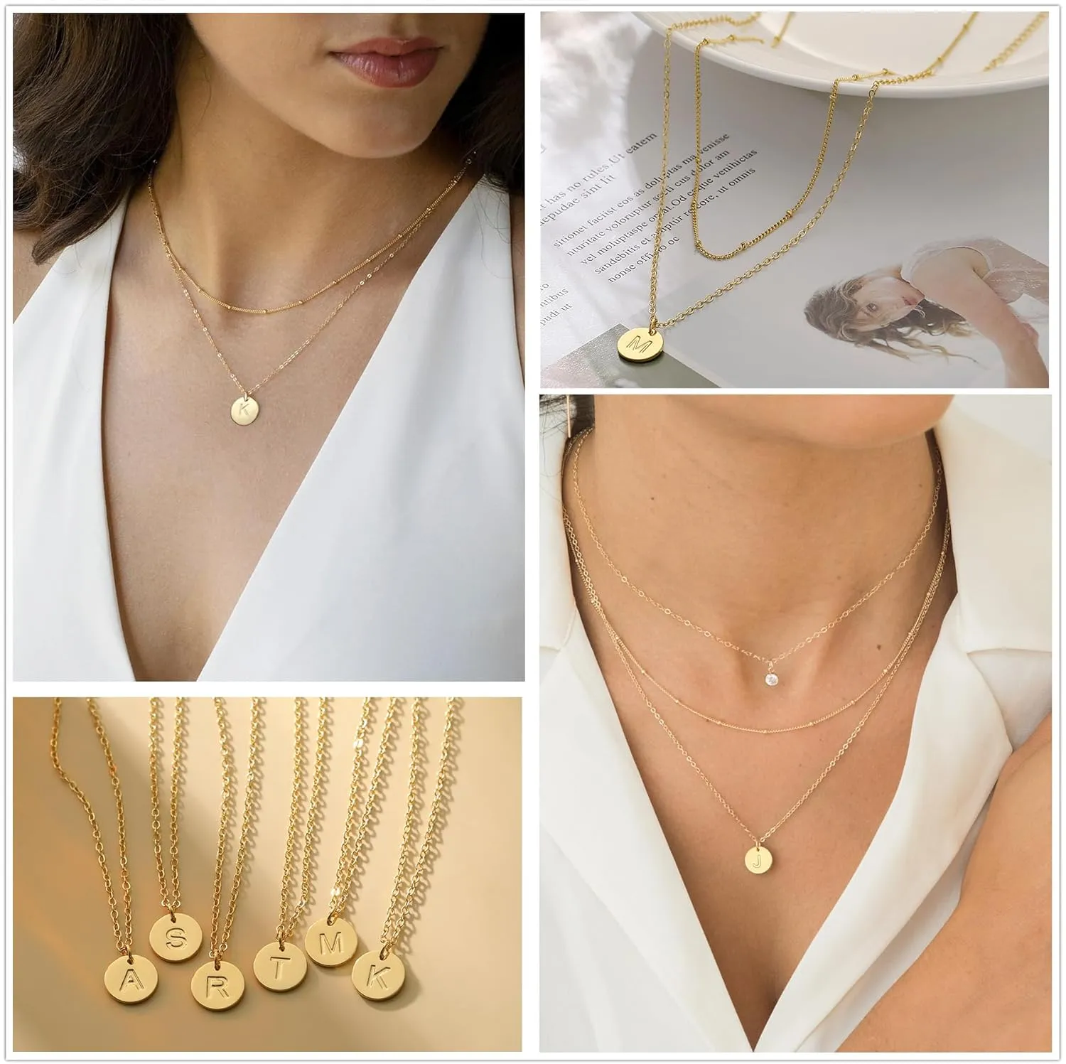 Gold Initial Necklaces for Women Layered Dainty Letter Coin Necklace for Teen Girls Trendy 14k Gold Plated Choker Name Pendant Cute Simple Stacking Charm Chain Jewelry Gift