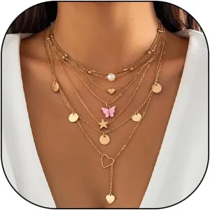 Gold Layered Necklaces for Women Trendy Pearl Heart Butterfly Chain Necklaces Adjustable Stackable Disc Star Statement Choker Necklace Jewelry Gifts