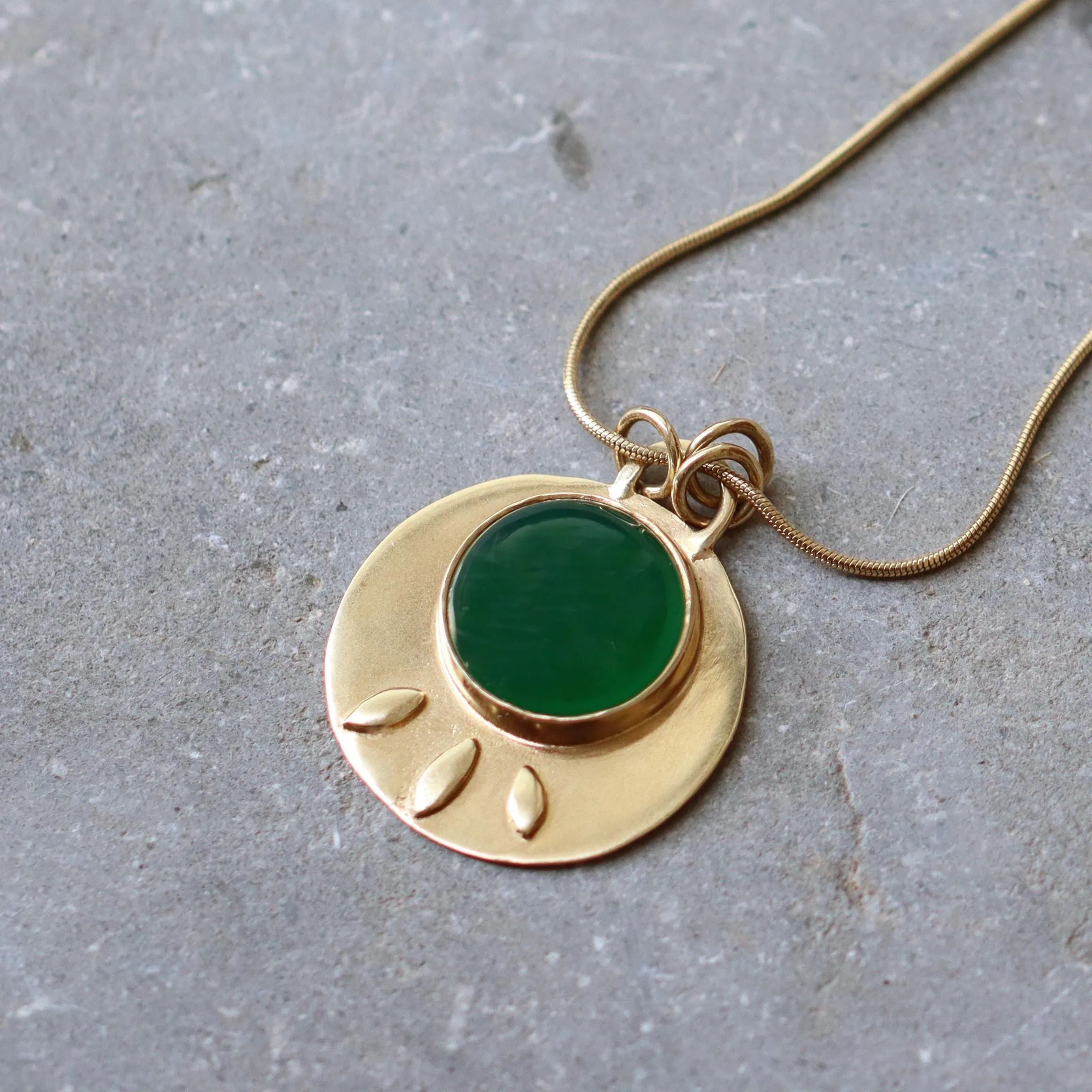 Gold Long Chain Round Green Onyx Pendant - Gemstone Necklace