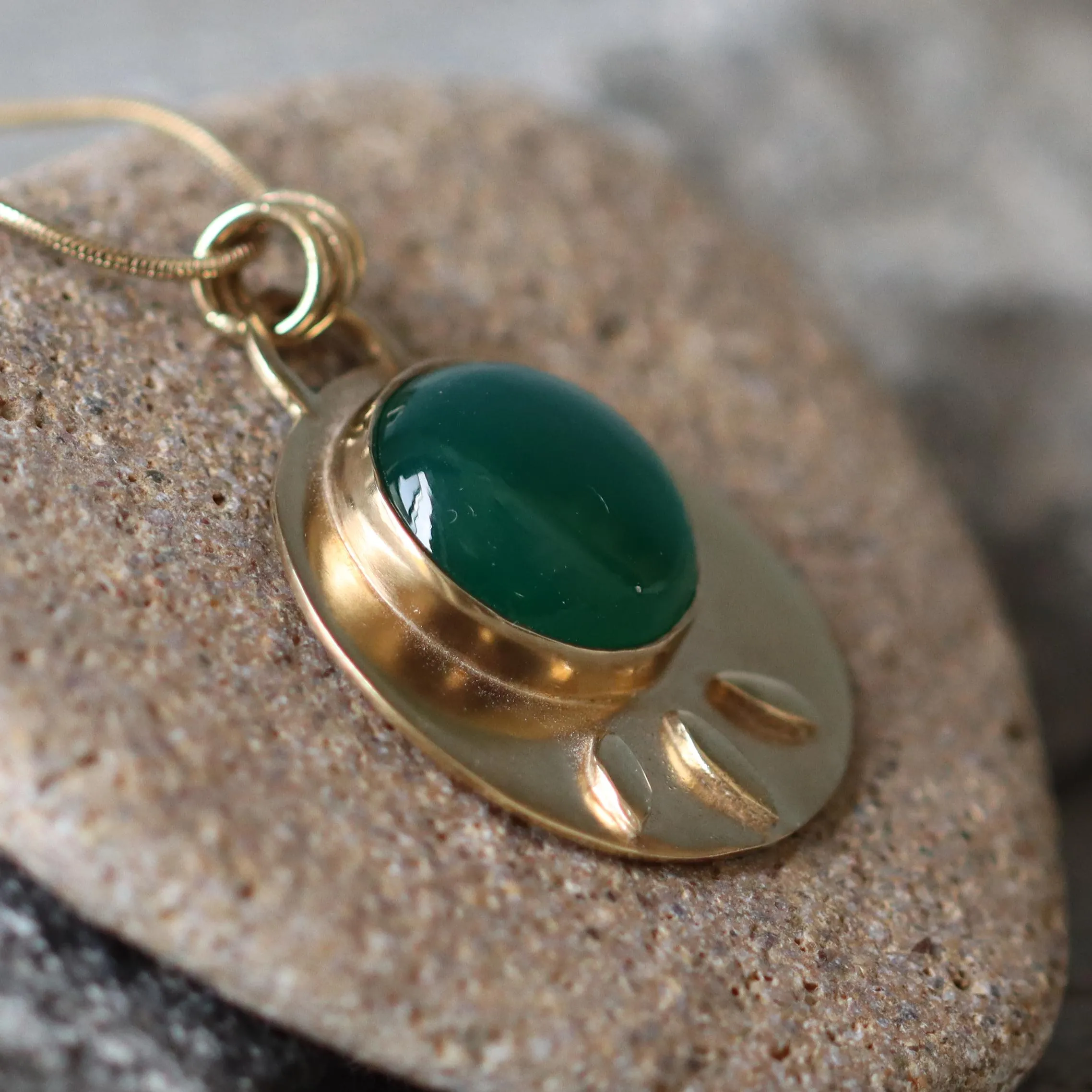 Gold Long Chain Round Green Onyx Pendant - Gemstone Necklace