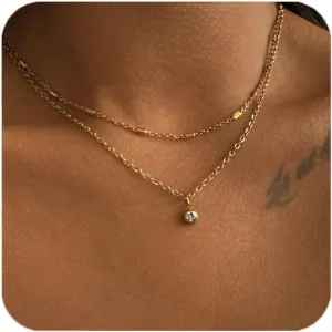 Gold Necklaces for Women,Layered Stackable Stack 14K Real Gold Plated Chain Necklace Diamond Circle CZ Pendant Necklaces Trendy Gold Jewelry Set Gifts