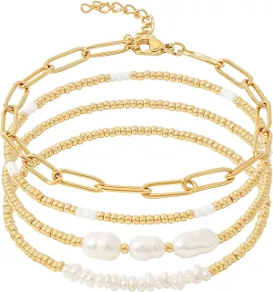 Gold Pearl Beaded Bracelets for Women Stackable Set, Elegant Delicate Paperclip Link Stretch Chain Summer Bracelet Dainty Trendy Gold Jewelry Birthday Gift