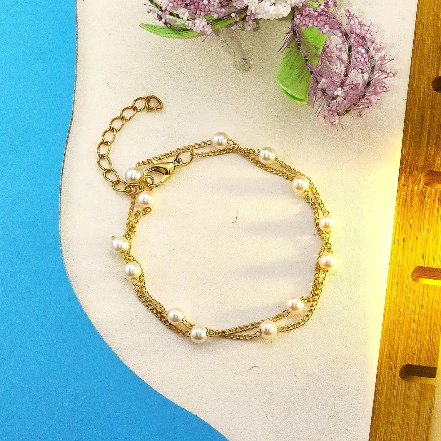 Gold Pearl Bracelet for women, 14K Gold Plated Bracelets Chain Dainty Gold Pearls Beaded Bracelet Heart Pearl Bracelets Pearl and Gold Bracelet Jewelry