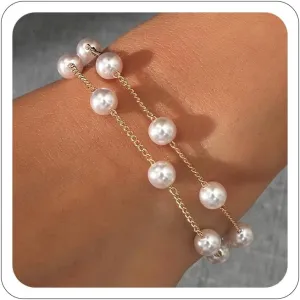 Gold Pearl Bracelet for women, 14K Gold Plated Bracelets Chain Dainty Gold Pearls Beaded Bracelet Heart Pearl Bracelets Pearl and Gold Bracelet Jewelry