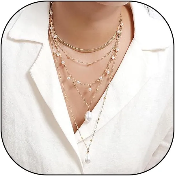 Gold Pearl Layered Statement Necklace for Women,Trendy Silver Stackable Pearl Teardrop Pendant Y Necklace Herringbone Choker Necklace
