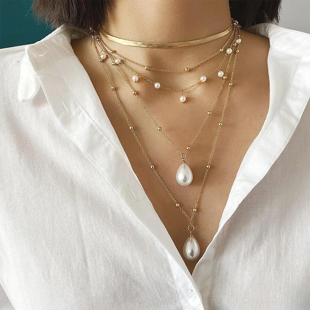 Gold Pearl Layered Statement Necklace for Women,Trendy Silver Stackable Pearl Teardrop Pendant Y Necklace Herringbone Choker Necklace