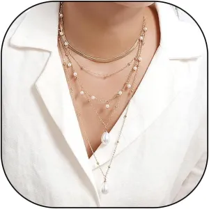 Gold Pearl Layered Statement Necklace for Women,Trendy Silver Stackable Pearl Teardrop Pendant Y Necklace Herringbone Choker Necklace