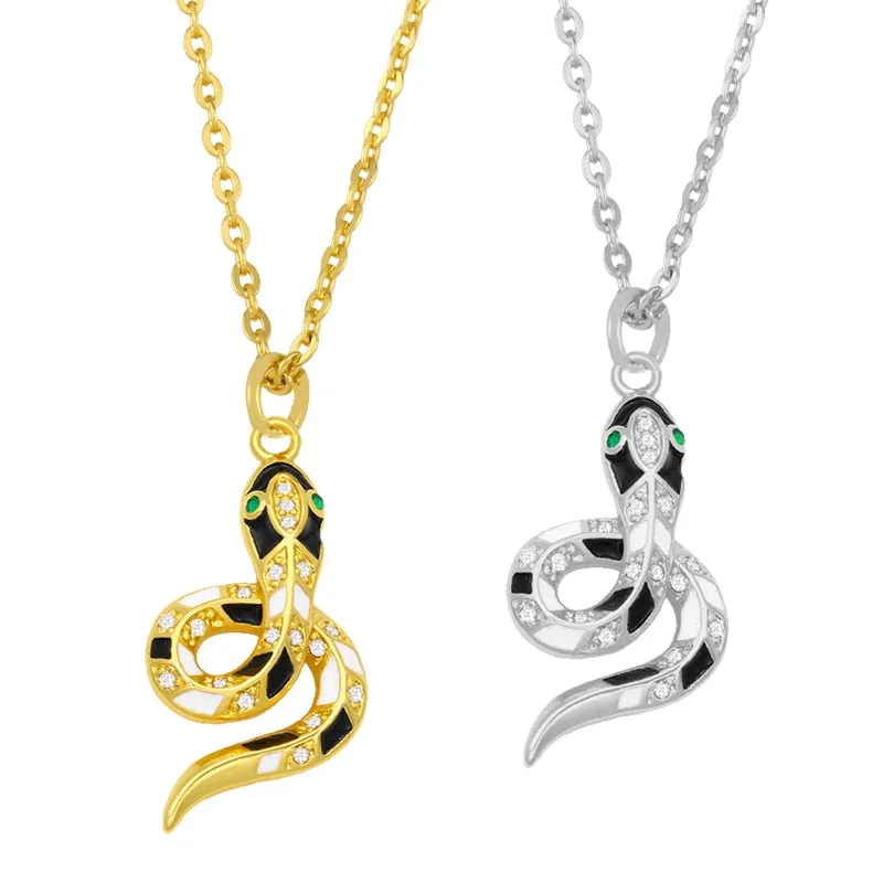 Gold Plated Snake Pendant Necklace For Women CZ Pave Rhinestone Necklace