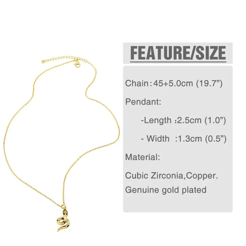Gold Plated Snake Pendant Necklace For Women CZ Pave Rhinestone Necklace