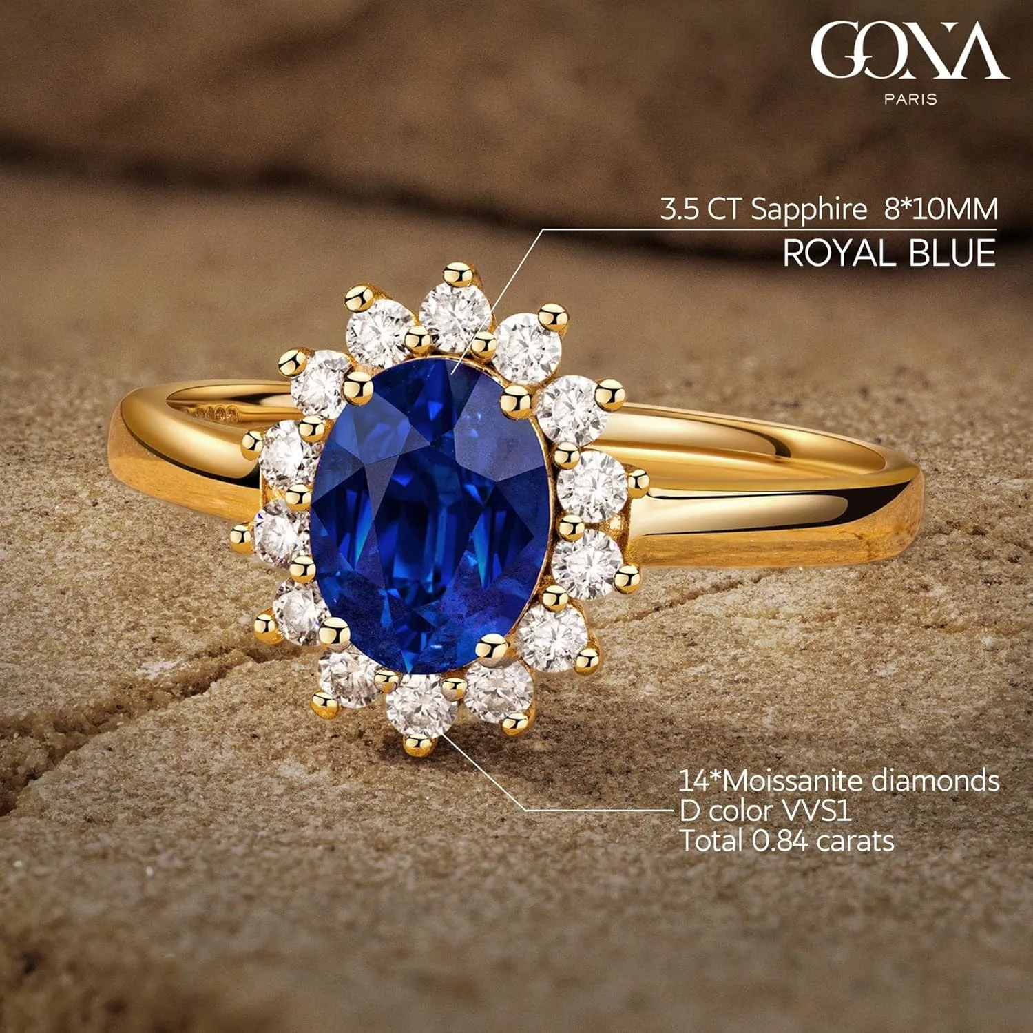 GONA 1-3.5CT Lab Grown Blue Sapphire Ring Gemstone GRC Certificate Princess Diana Kate Anniversary Engagement Wedding Promise Tarnish-Resistant Silver Rings Woman Moissanite Diamond Royal Blue Festivals