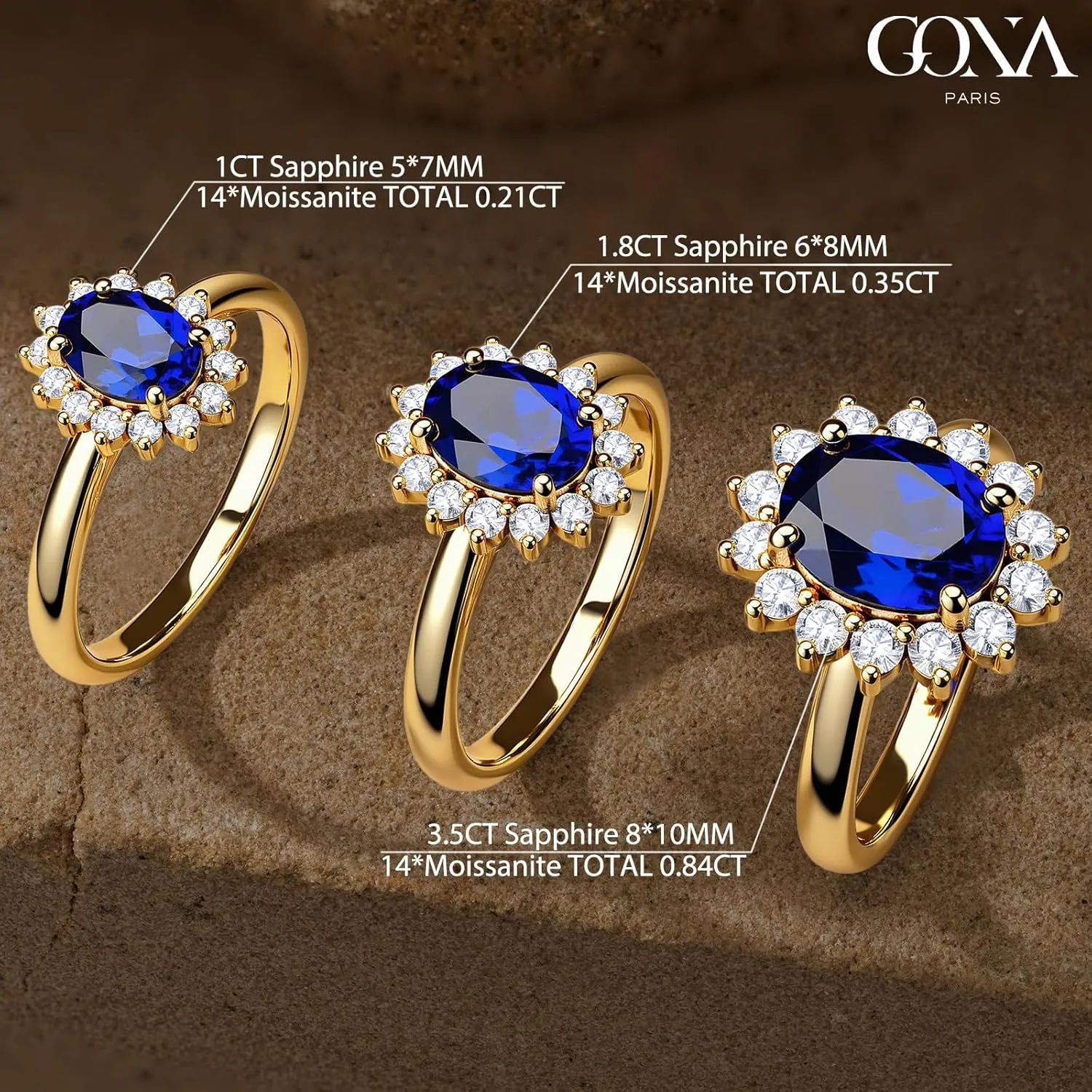 GONA 1-3.5CT Lab Grown Blue Sapphire Ring Gemstone GRC Certificate Princess Diana Kate Anniversary Engagement Wedding Promise Tarnish-Resistant Silver Rings Woman Moissanite Diamond Royal Blue Festivals