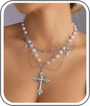 Gothic Layered Pearl Big Cross Choker Necklaces for Women Gothic Cross Pearl Necklace Vintage Chunky Zirconia Cross Tassels Necklaces Y2K Jewelry Goth Accessories