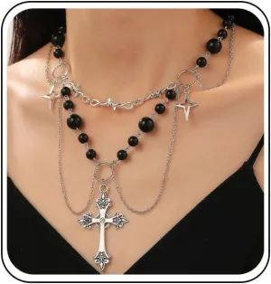Gothic Layered Pearl Big Cross Choker Necklaces for Women Gothic Cross Pearl Necklace Vintage Chunky Zirconia Cross Tassels Necklaces Y2K Jewelry Goth Accessories