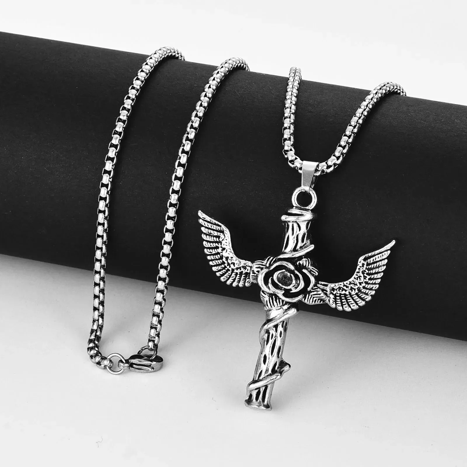 Gothic Rose Cross Necklace for Men Boys