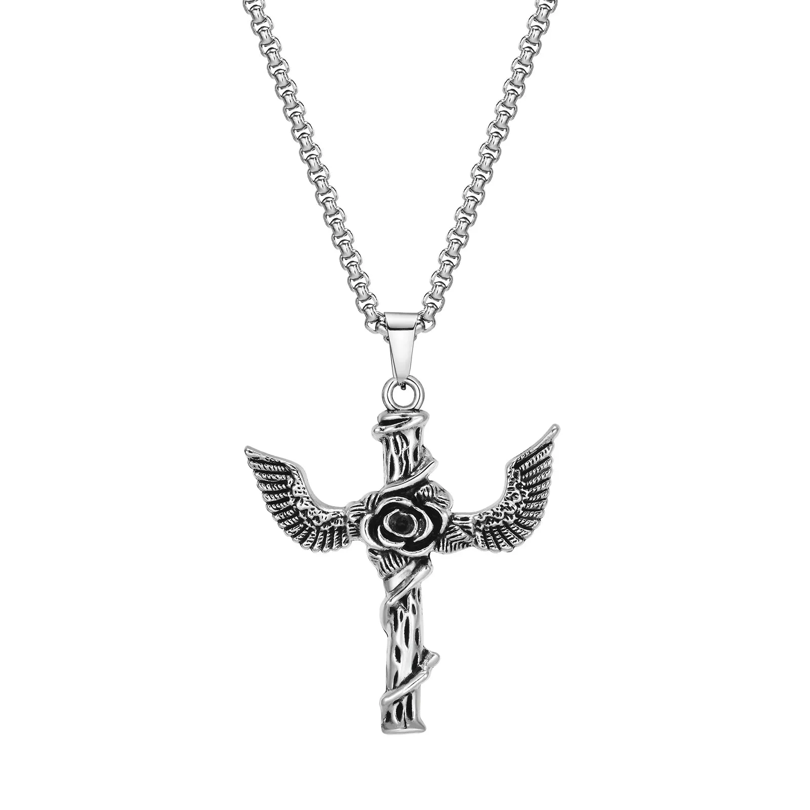 Gothic Rose Cross Necklace for Men Boys