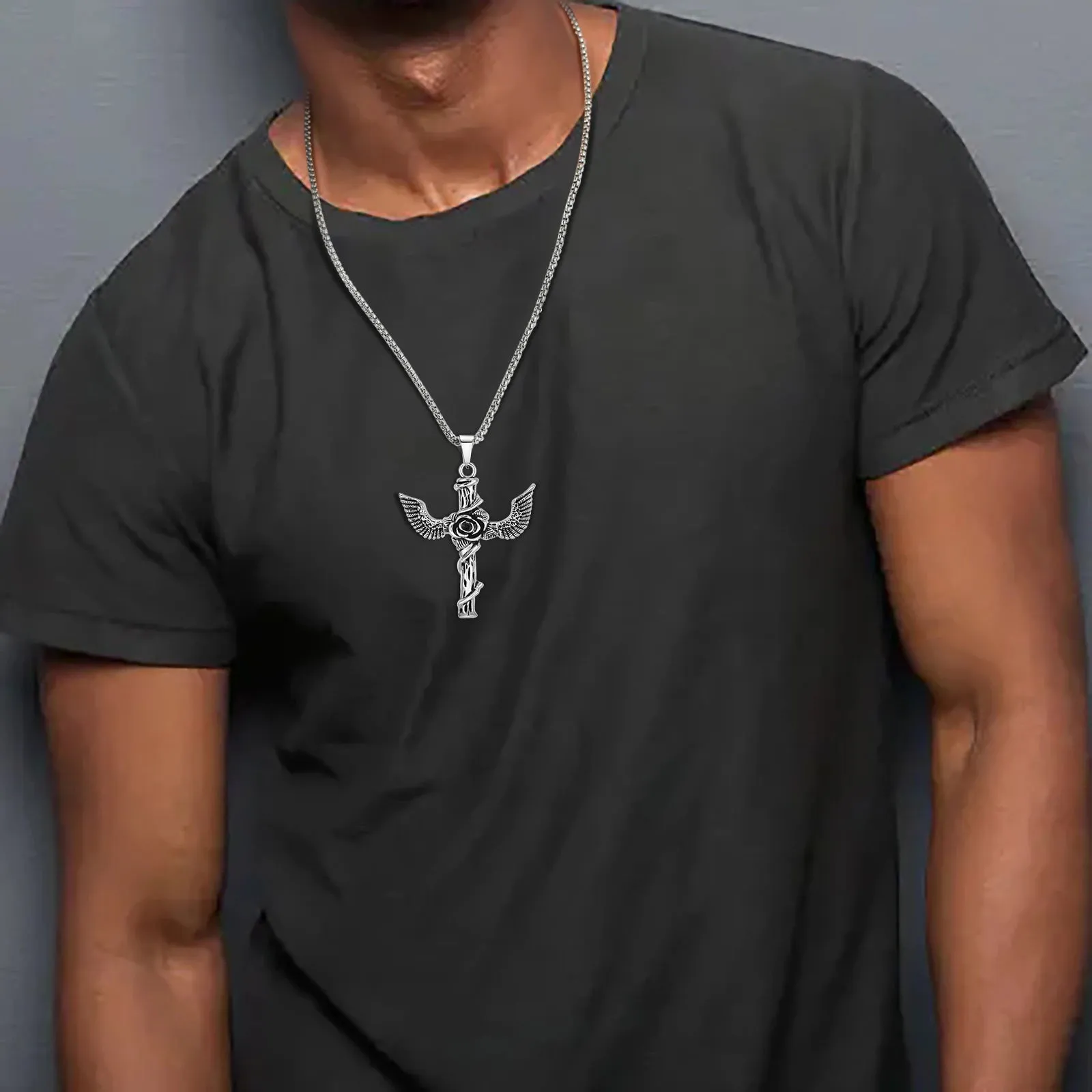 Gothic Rose Cross Necklace for Men Boys