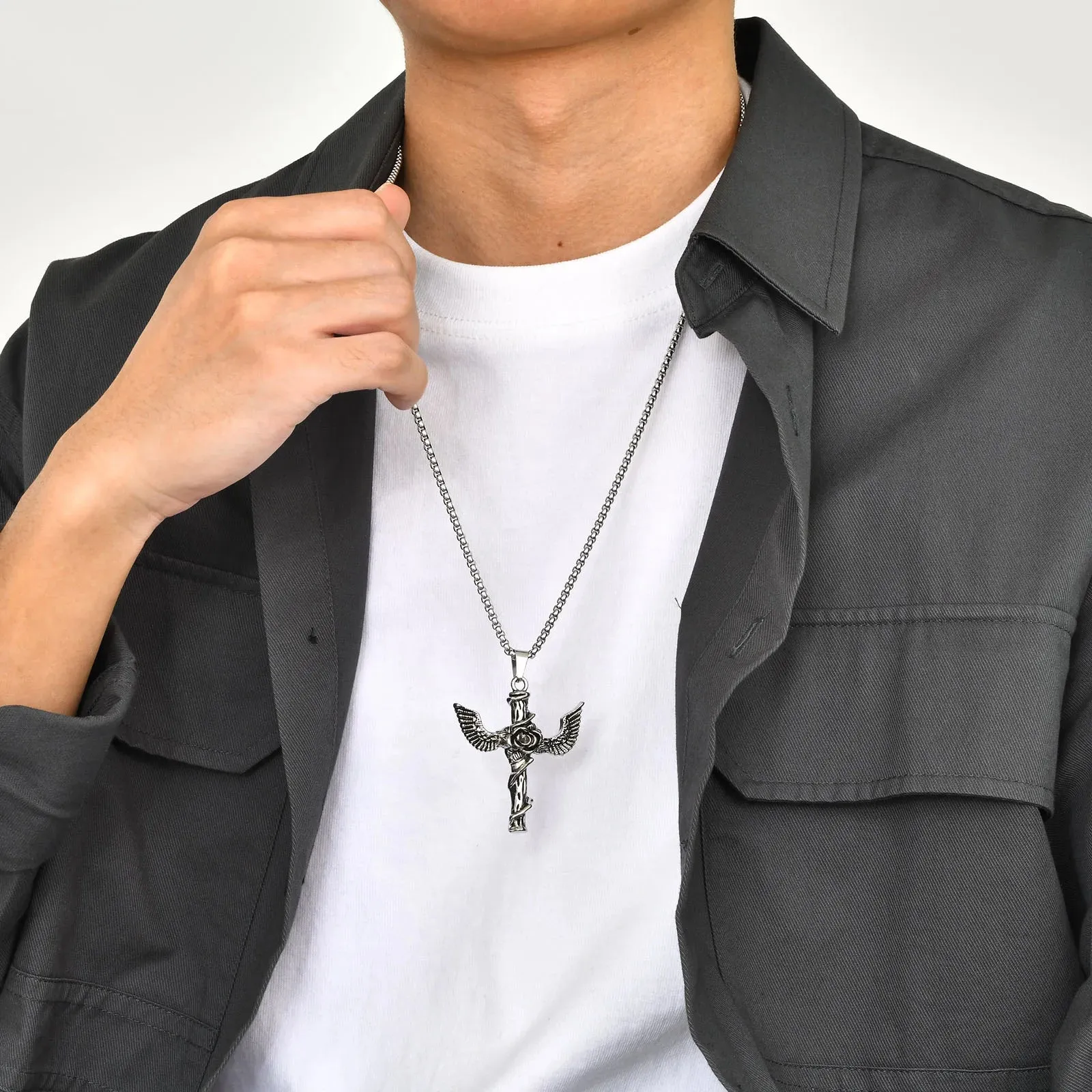 Gothic Rose Cross Necklace for Men Boys